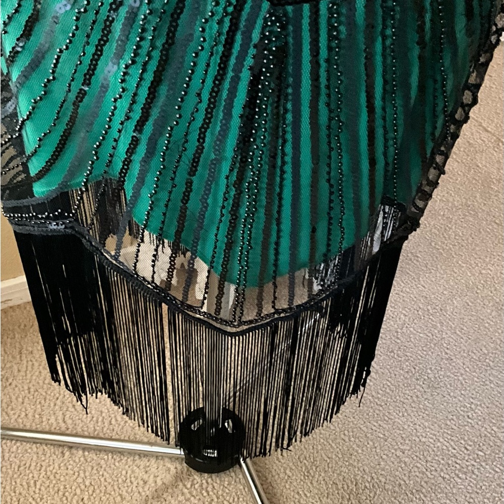 Black beaded dress over green with tassels on bottom - Picture 6 of 8